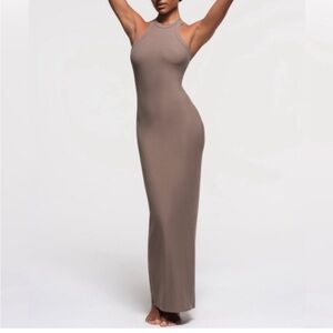SKIMS Taupe Maxi Dress stretch bodycon conservative top high S neck sleeveless